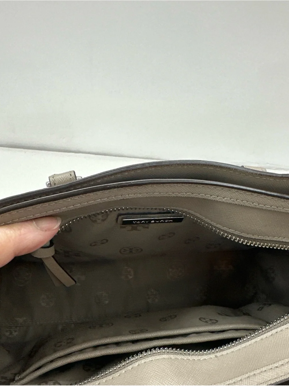 Tory Burch Olive Taupe Leather Tote with Charm
